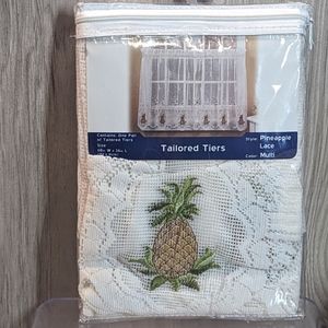 New Vtg White Lace Embroidered Golden Pineapple Tailored Tiers Cafe Curtains